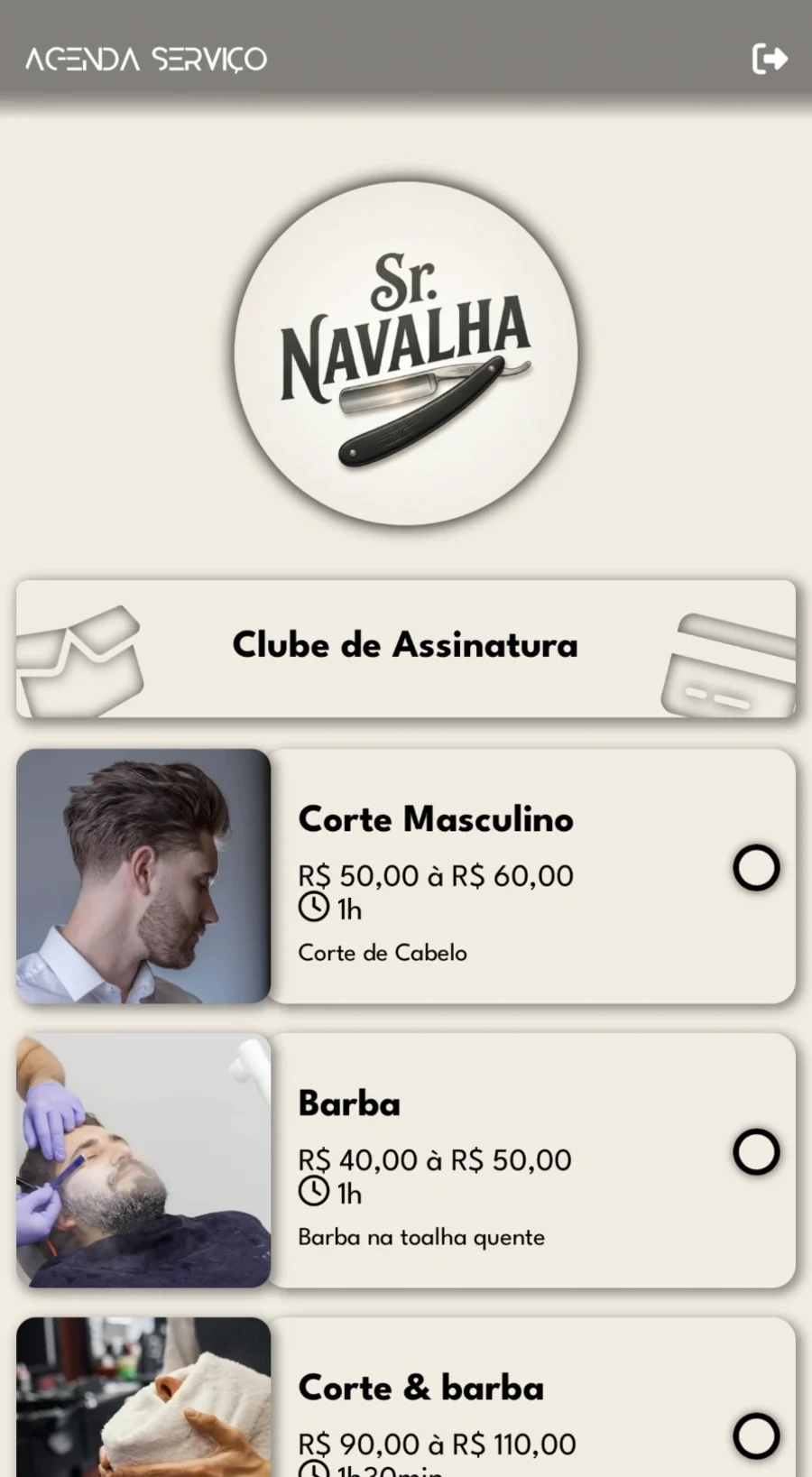 Tela da Agenda Serviço: catálogo de serviços e clube de assinatura