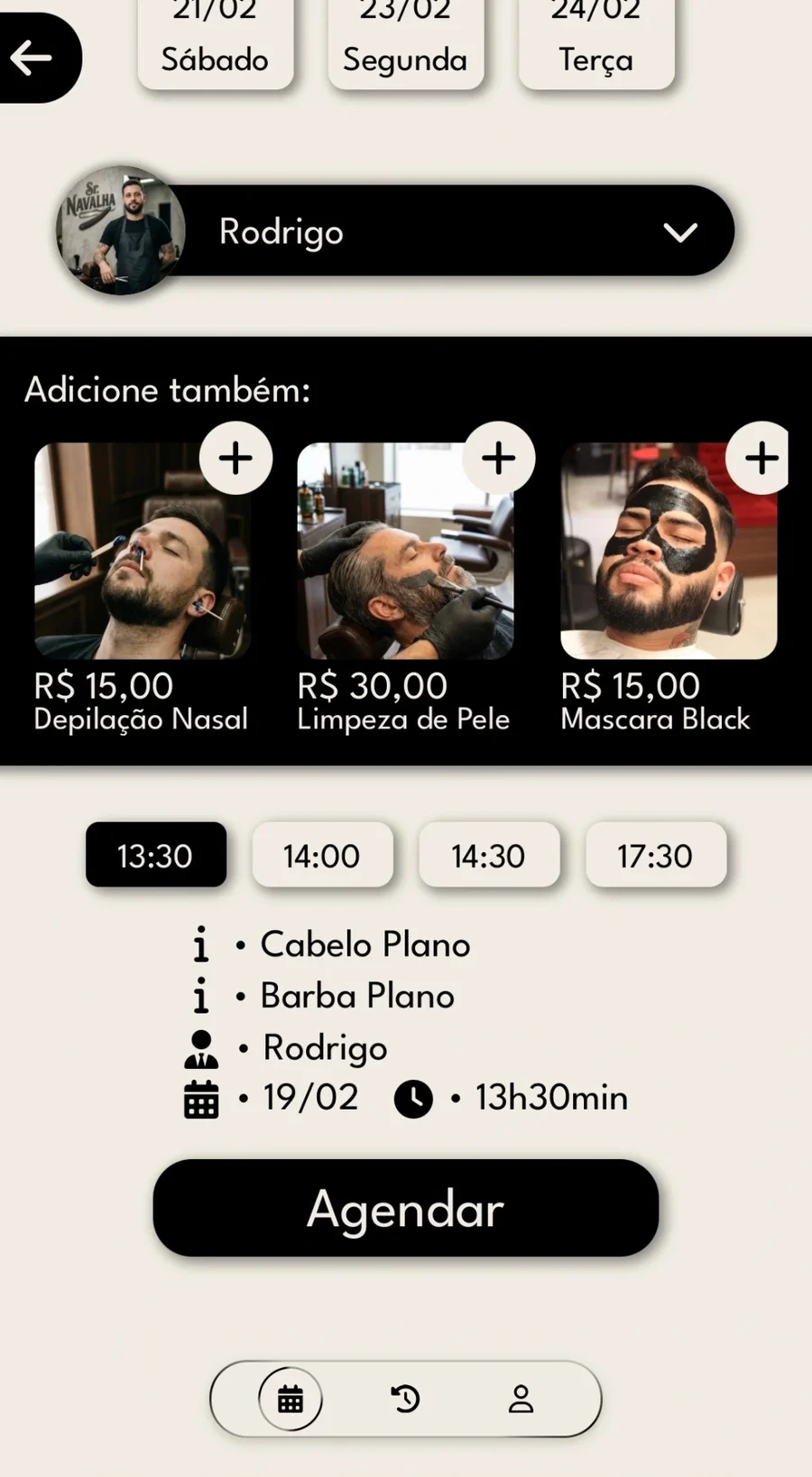 Tela da Agenda Serviço: agendamento com serviços adicionais