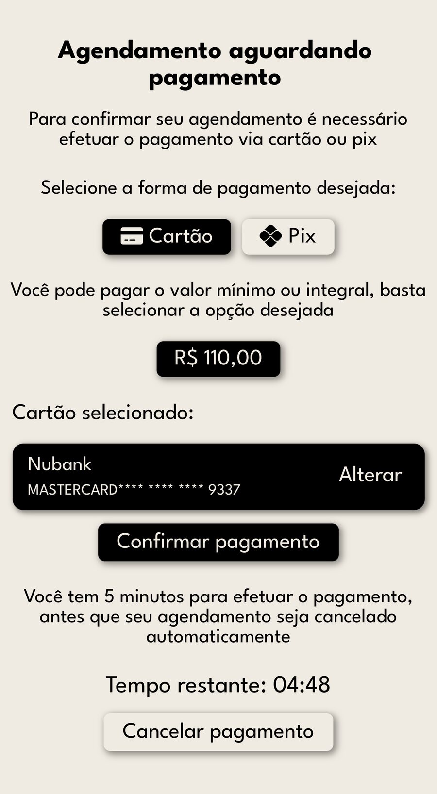 Tela da Agenda Serviço: pagamento do agendamento por cartão ou Pix