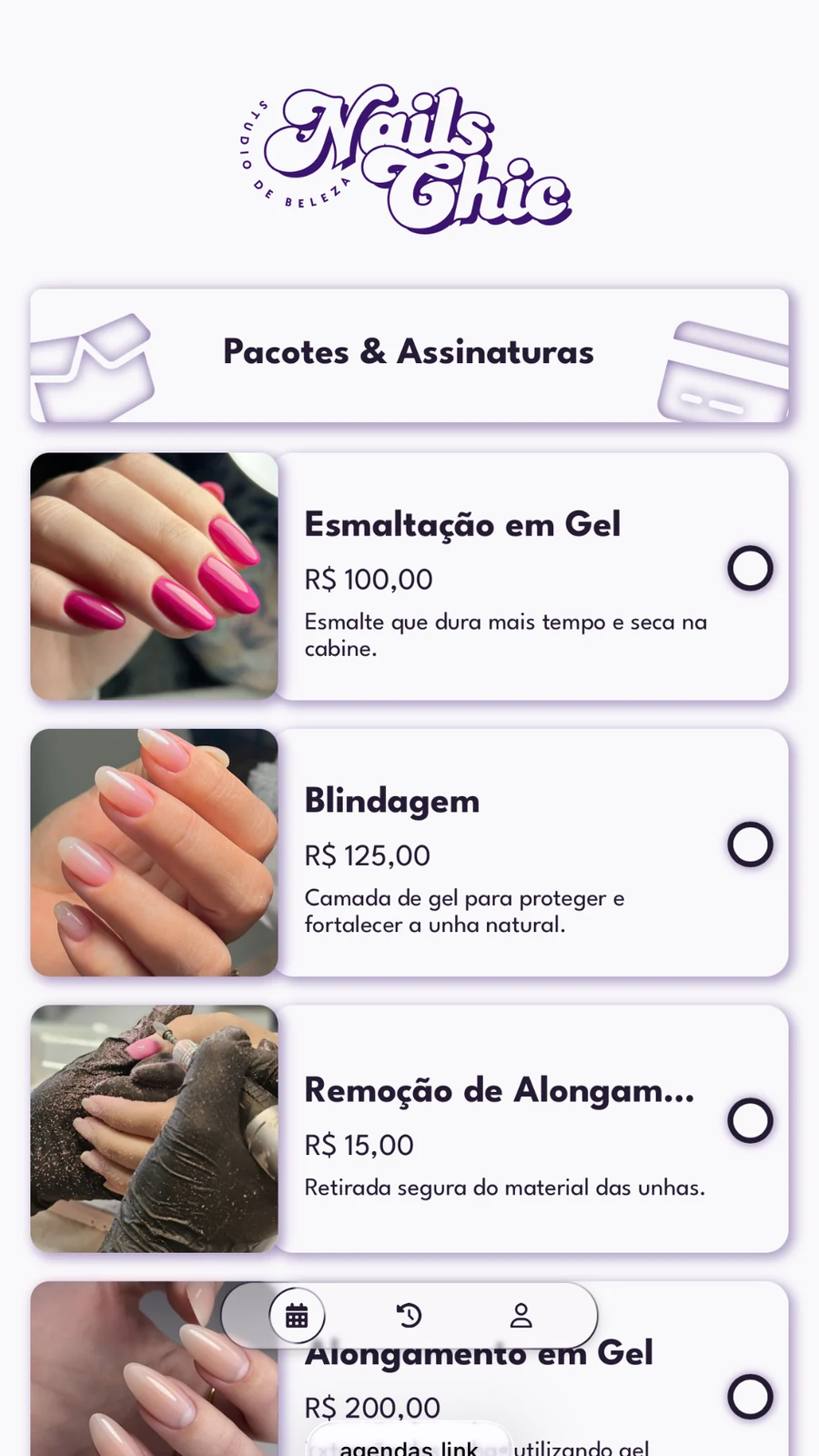 Tela da Agenda Serviço: catálogo de serviços do salão, com pacotes e assinaturas