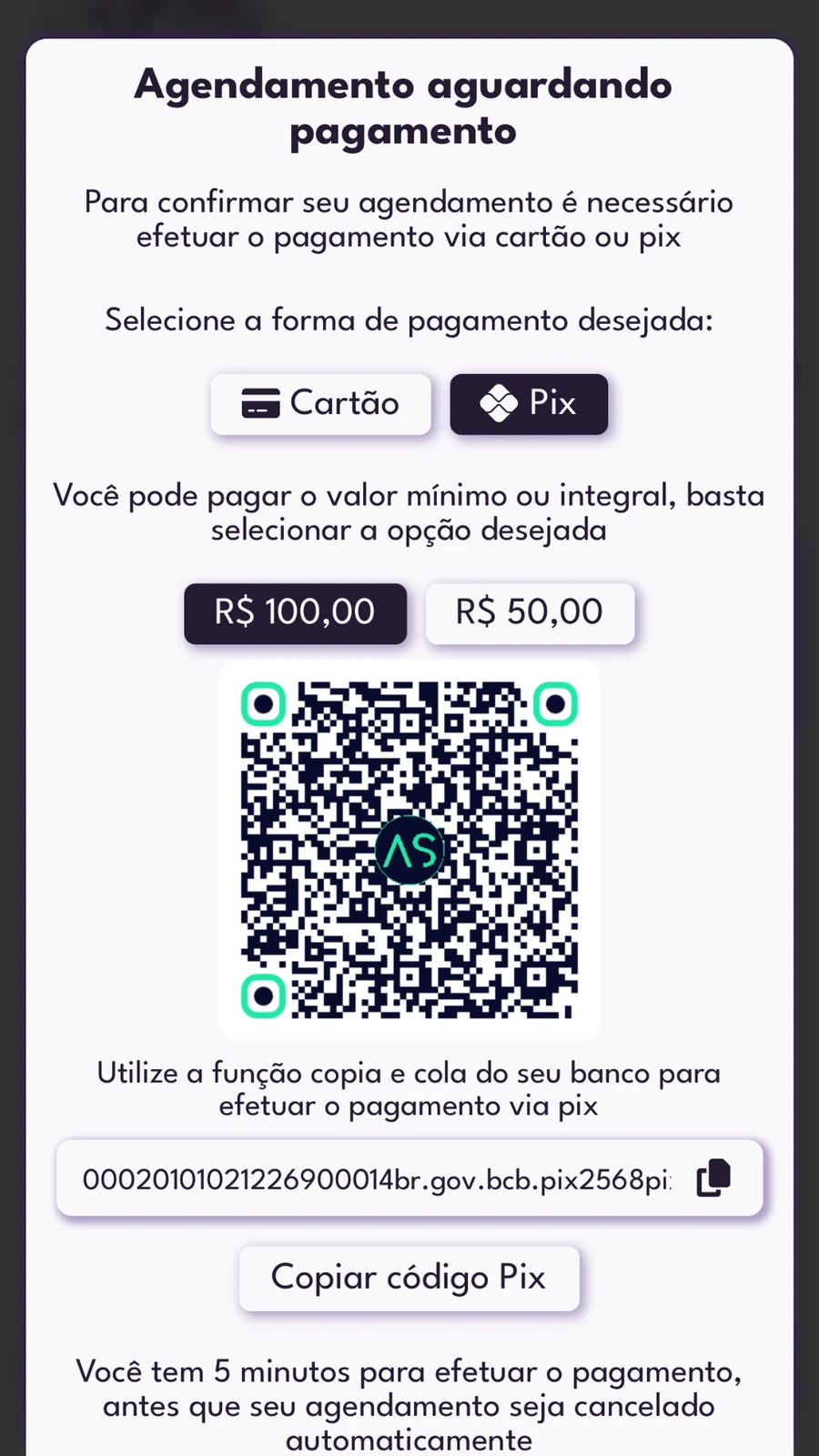 Tela da Agenda Serviço: pagamento do sinal do agendamento por cartão ou Pix
