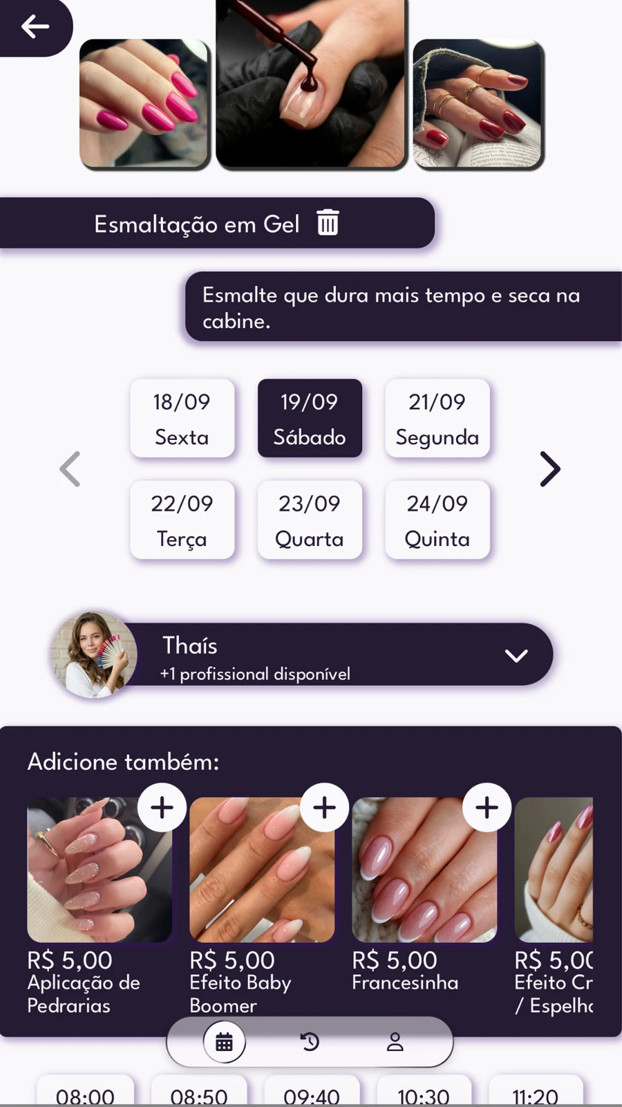 Tela da Agenda Serviço: escolha de dia, profissional e serviços adicionais